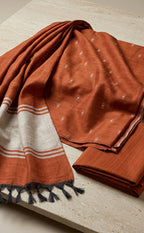 Rust Orange Fancy Ikkat Buti Work Un-Stitched Dress Material