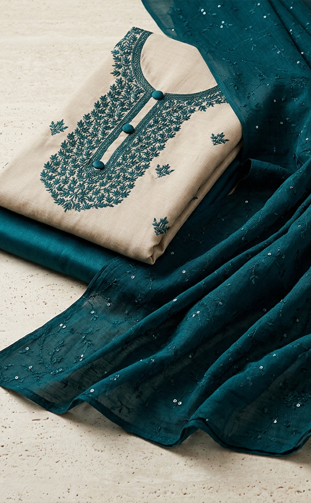 Cream Vichitra Slik Thread Embroidery Un-Stitched Dress Material