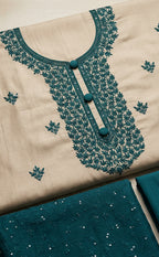 Cream Vichitra Slik Thread Embroidery Un-Stitched Dress Material