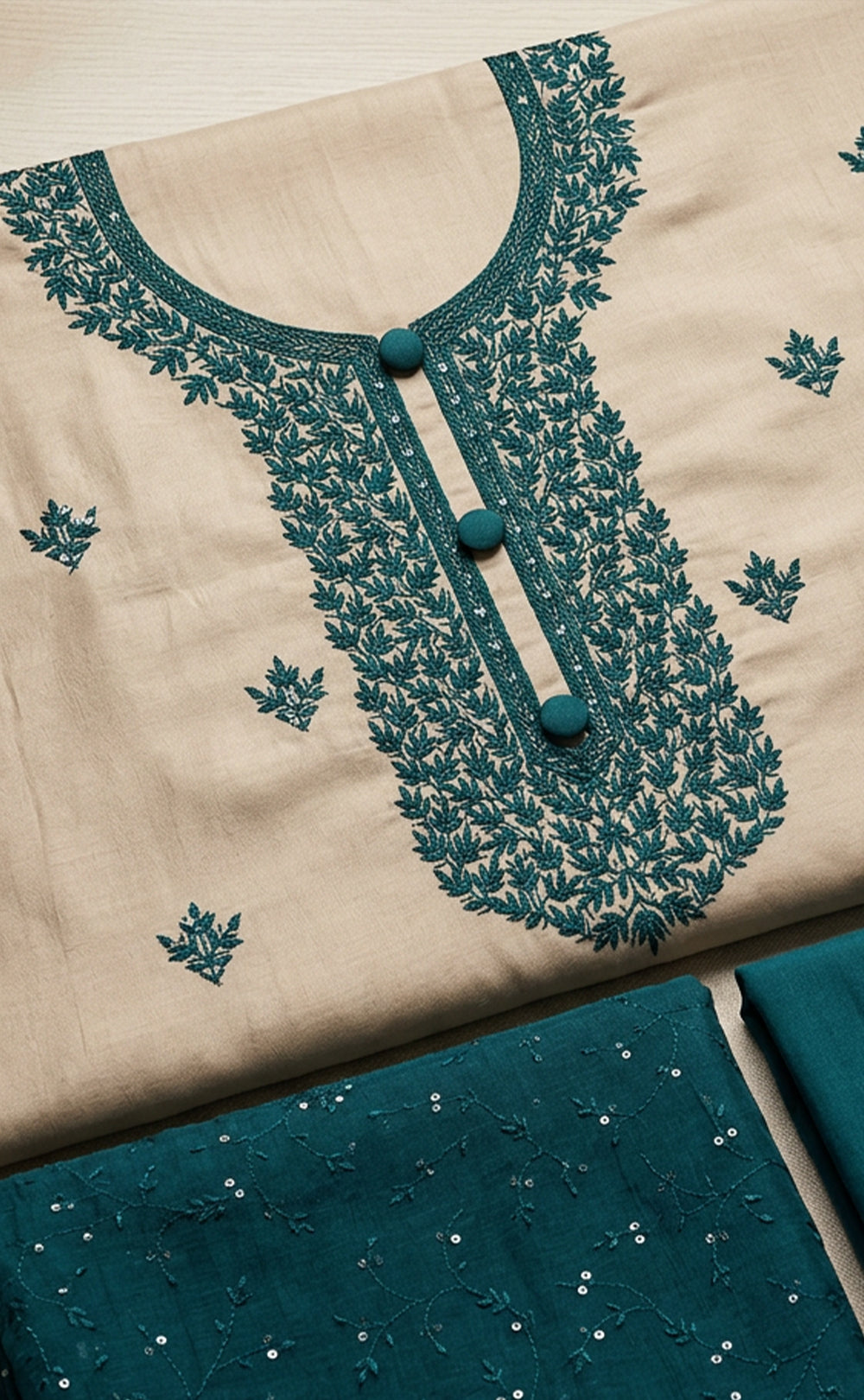 Cream Vichitra Slik Thread Embroidery Un-Stitched Dress Material