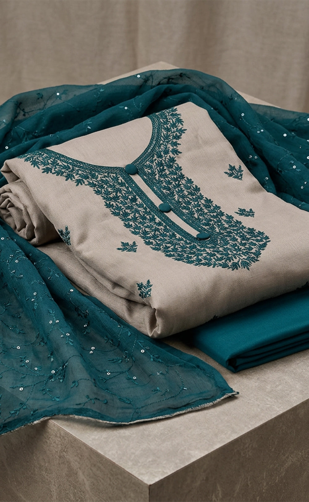 Cream Vichitra Slik Thread Embroidery Un-Stitched Dress Material