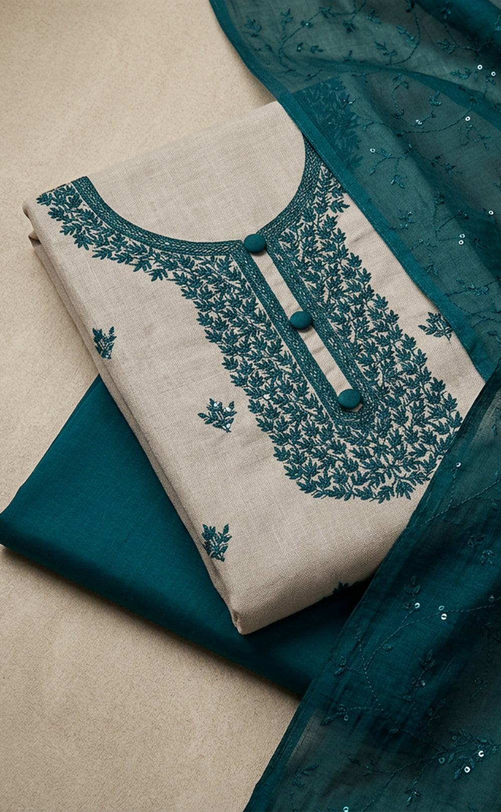 Cream Vichitra Slik Thread Embroidery Un-Stitched Dress Material