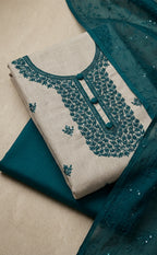 Cream Vichitra Slik Thread Embroidery Un-Stitched Dress Material