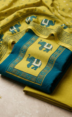 Mustard Yellow With Rama Blue Cotton Elephant Printed Un-Stitched Dress Material