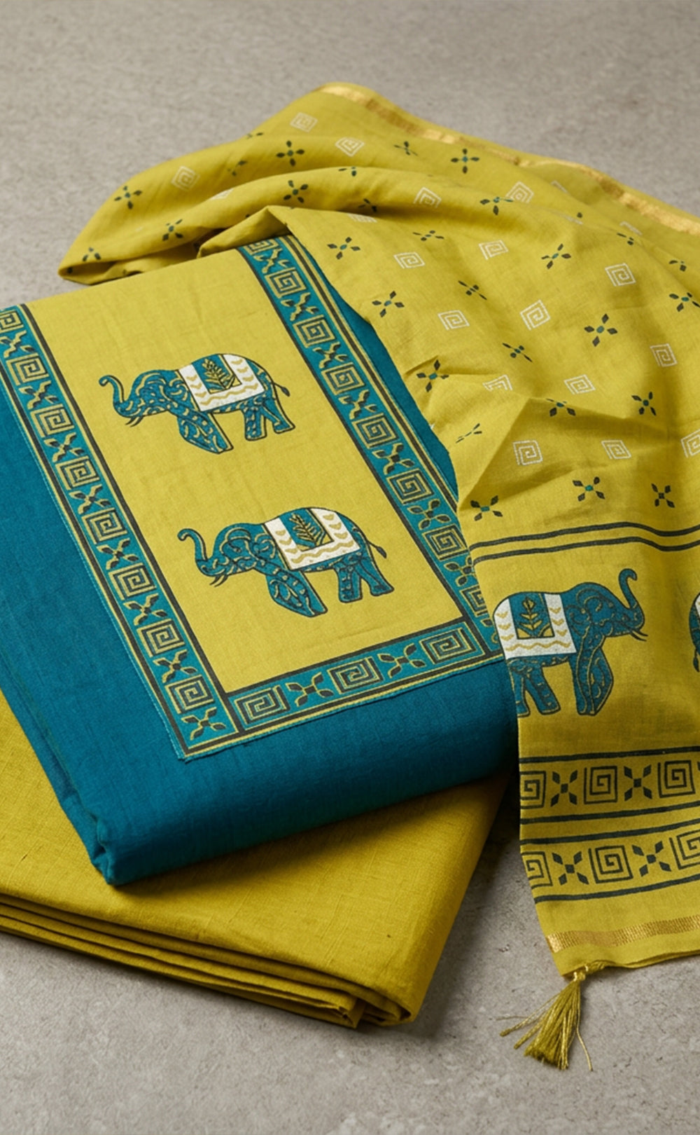 Mustard Yellow With Rama Blue Cotton Elephant Printed Un-Stitched Dress Material