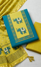 Mustard Yellow With Rama Blue Cotton Elephant Printed Un-Stitched Dress Material