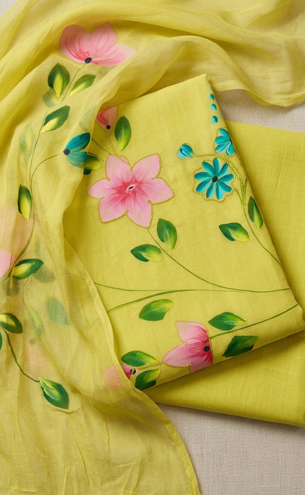 Mustard Yellow Roman Silk Brush Printed Un-Stitched Dress Mterial