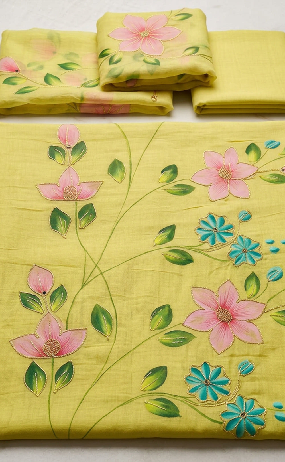 Mustard Yellow Roman Silk Brush Printed Un-Stitched Dress Mterial