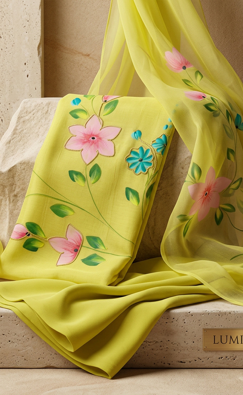 Mustard Yellow Roman Silk Brush Printed Un-Stitched Dress Mterial