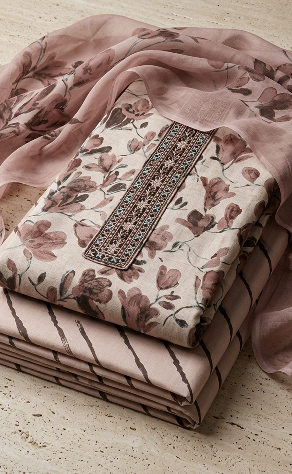 Coffee Cotton Floral Printed Un-Stitched Dress Material