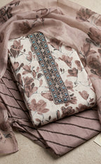 Coffee Cotton Floral Printed Un-Stitched Dress Material