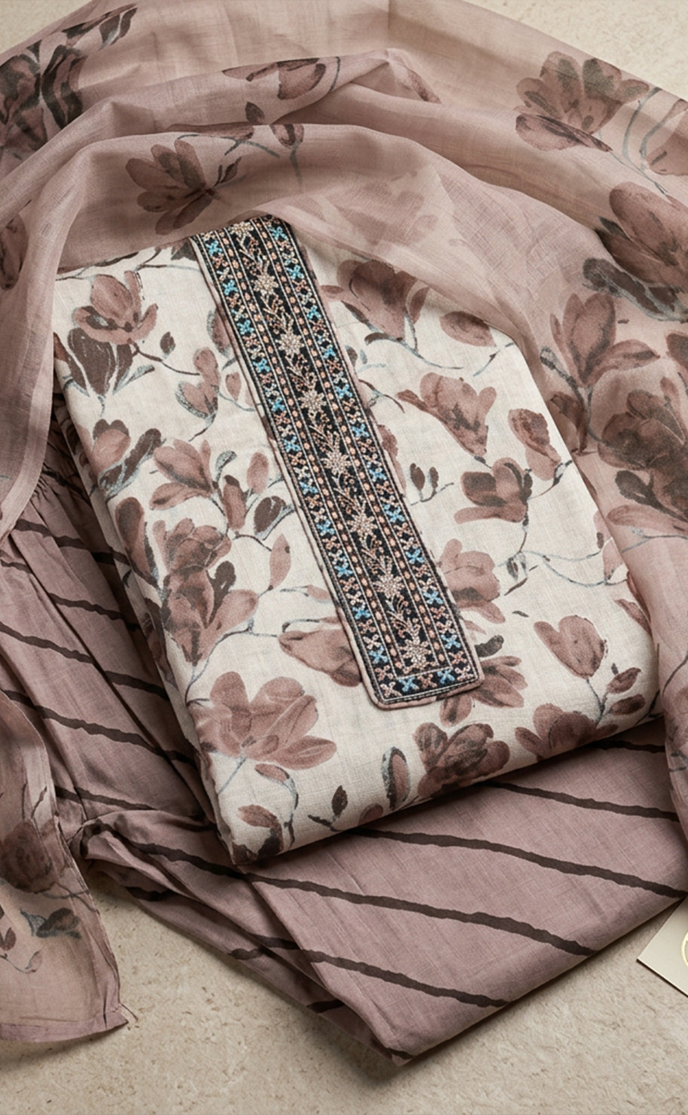 Coffee Cotton Floral Printed Un-Stitched Dress Material