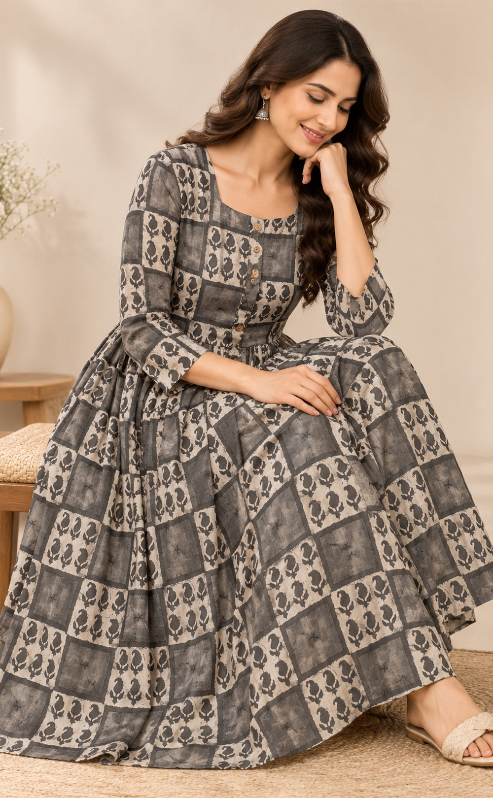 Cream With Grey Cotton Mango Printed Flare Kurti