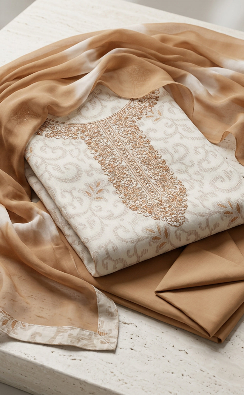 Half-White With Cream Cotton Thread Embroidery Un-Stitched Dress Material