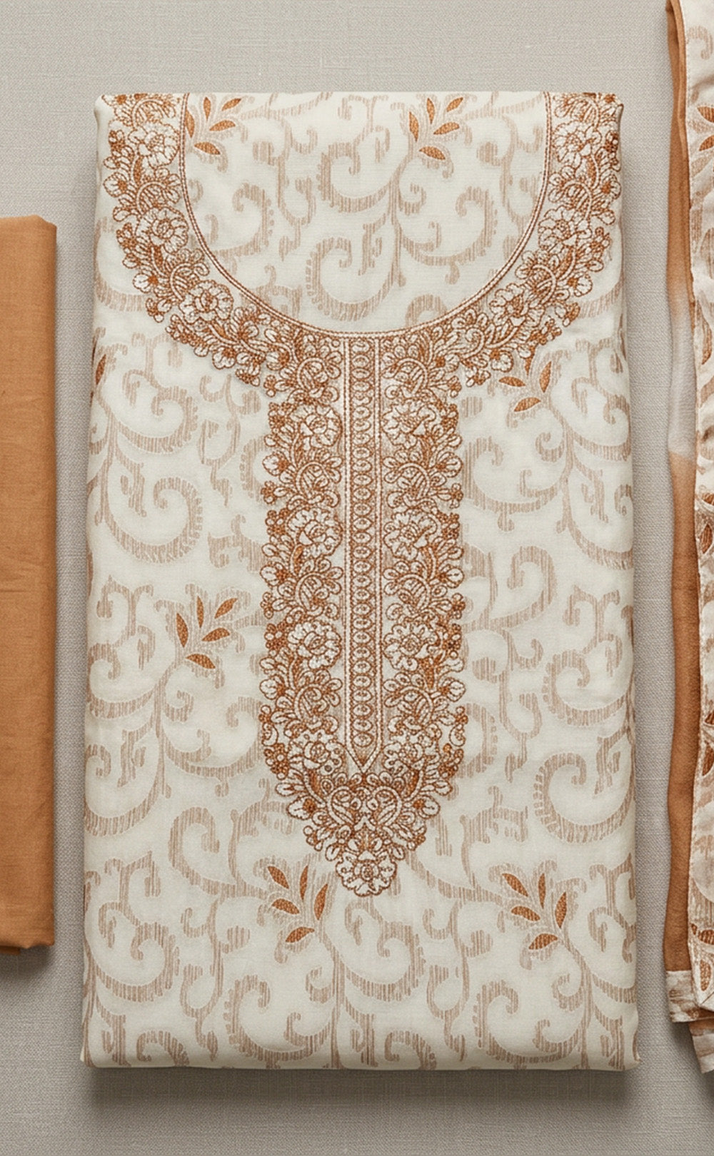 Half-White With Cream Cotton Thread Embroidery Un-Stitched Dress Material