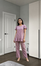 Light Purple All-Over Cartoon Cloud Printed Night Suit