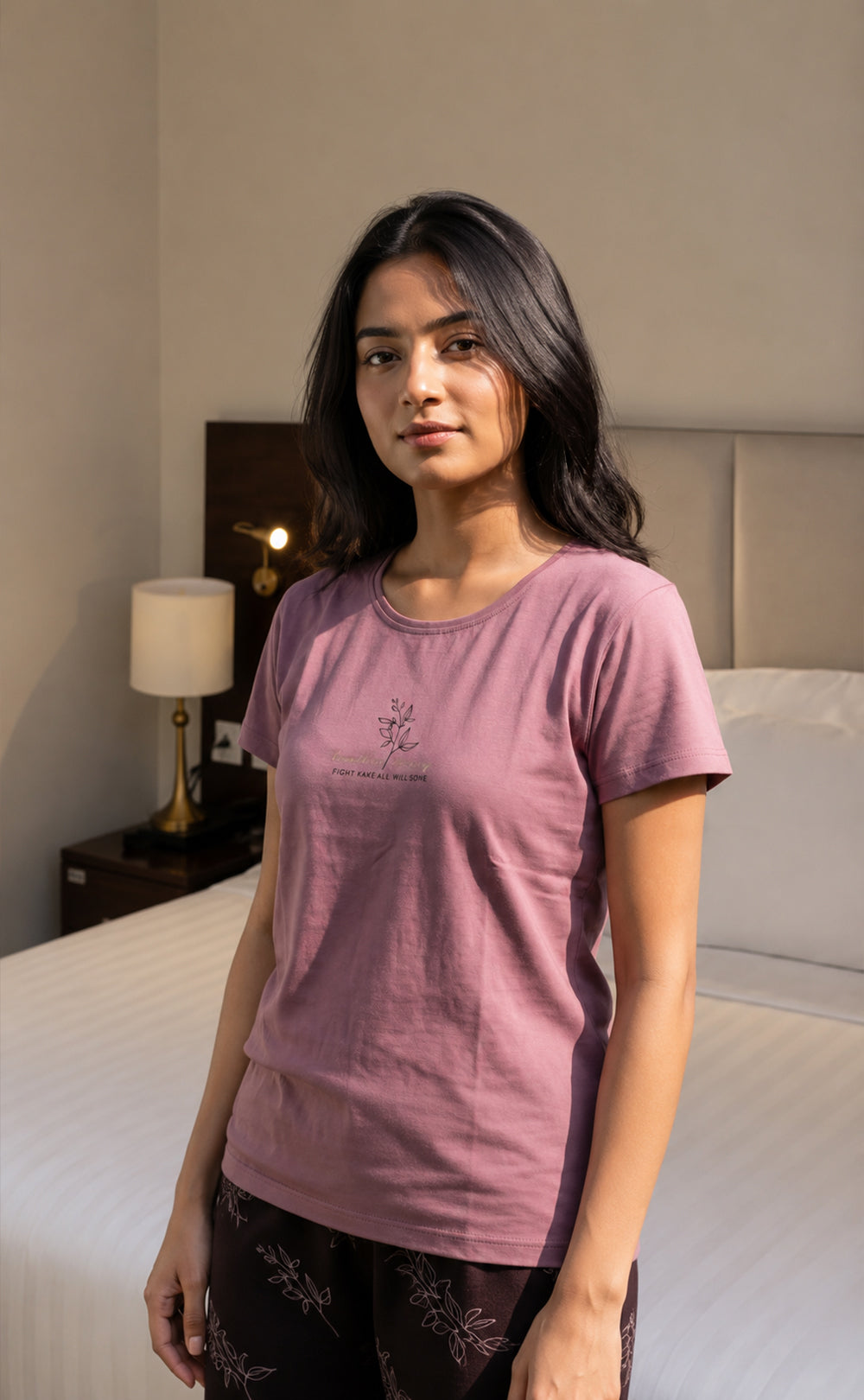 Mauve Leaf Printed Night Suit