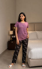 Mauve Leaf Printed Night Suit