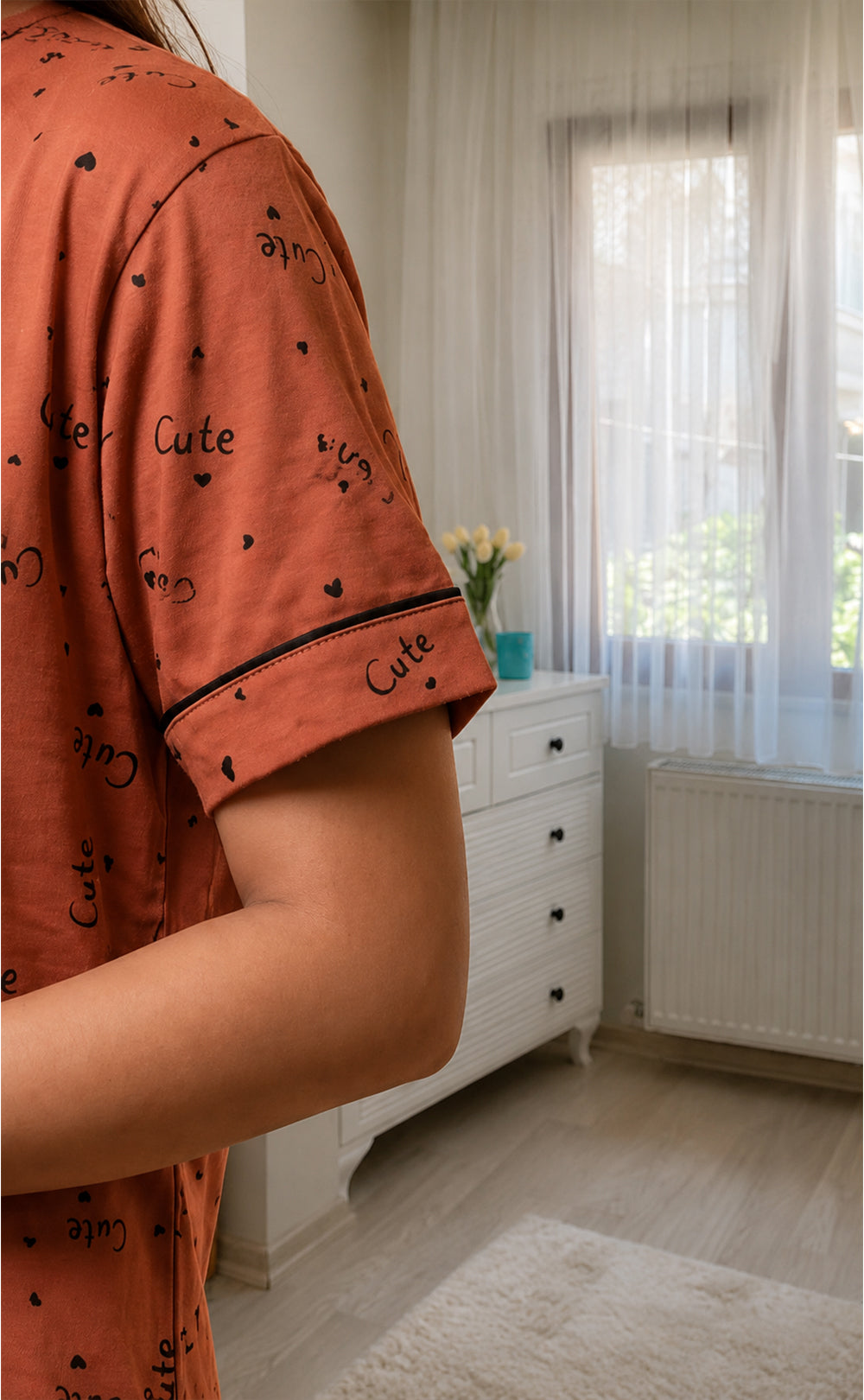 Peach Little Heart Printed Night Suit