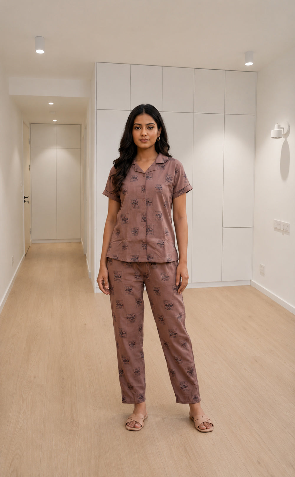 Pinkish Brown All-Over Placement Printed Night Suit