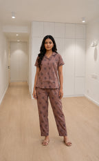 Pinkish Brown All-Over Placement Printed Night Suit