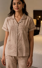 Coffee All-Over Text Printed Night Suit