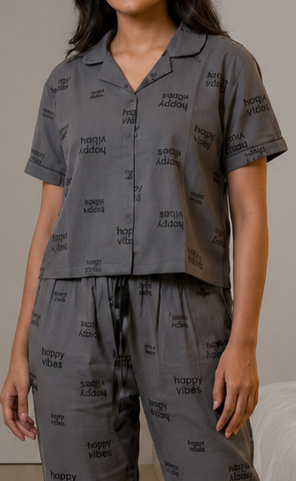 Dark Grey All-Over Text Printed Night Suit