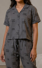 Dark Grey All-Over Text Printed Night Suit