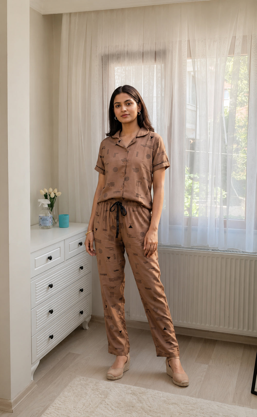 Brown All-Over Alphabet Printed Night Suit