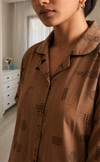 Brown All-Over Alphabet Printed Night Suit
