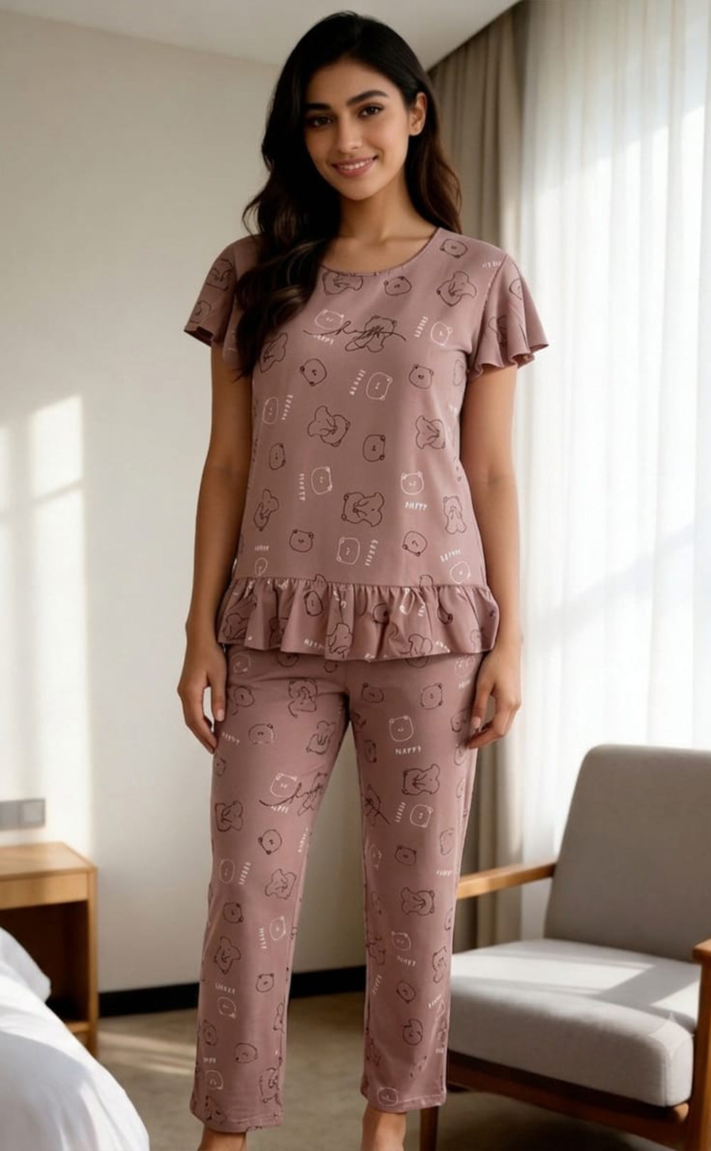 Coffee Brown All-over Teddy Bear Printed Night Suit