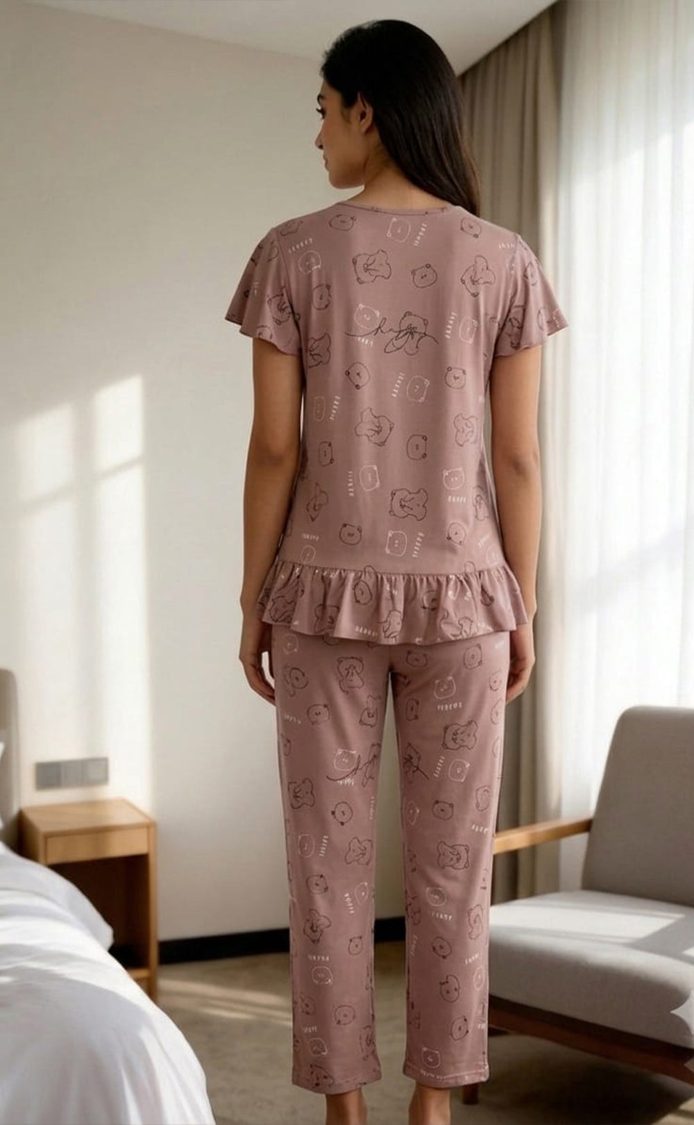 Coffee Brown All-over Teddy Bear Printed Night Suit