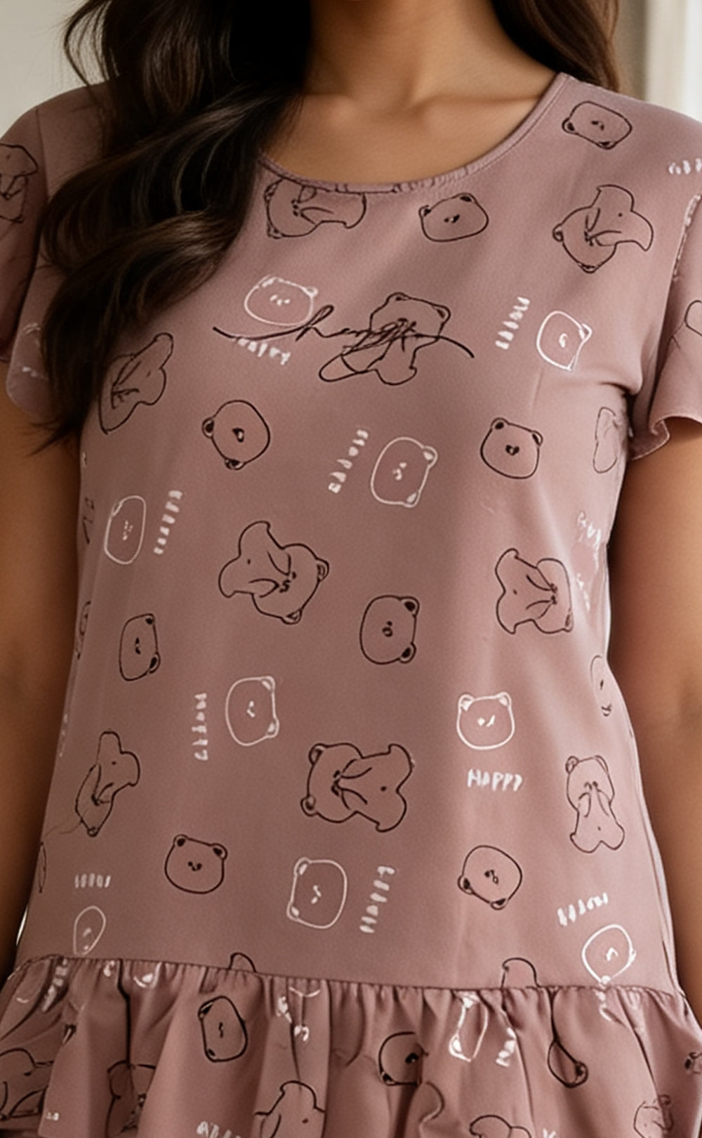 Coffee Brown All-over Teddy Bear Printed Night Suit