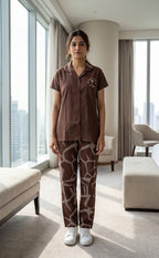 Chocolate Brown Foil Printed Night Suit