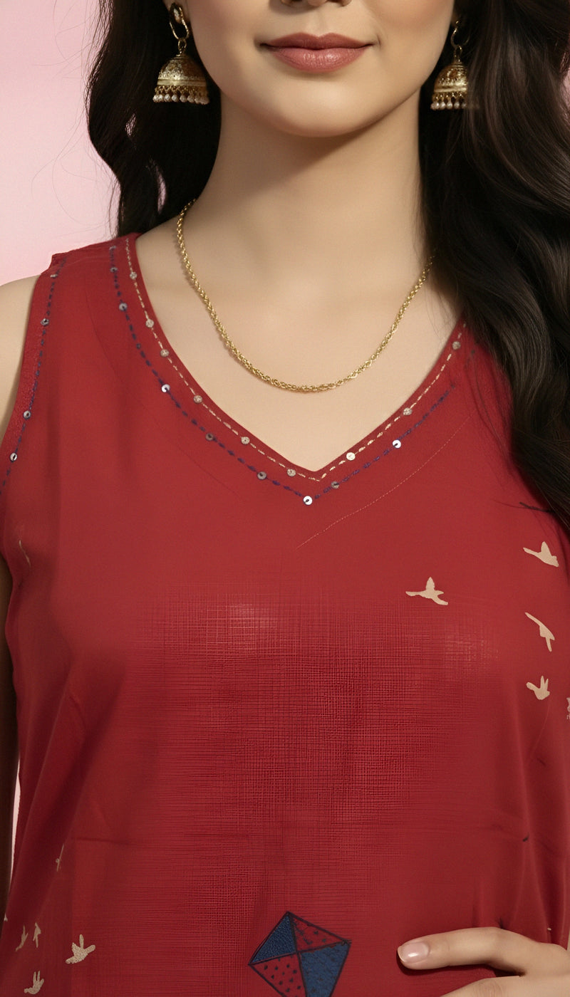 V-Neck Red Co-ord Set