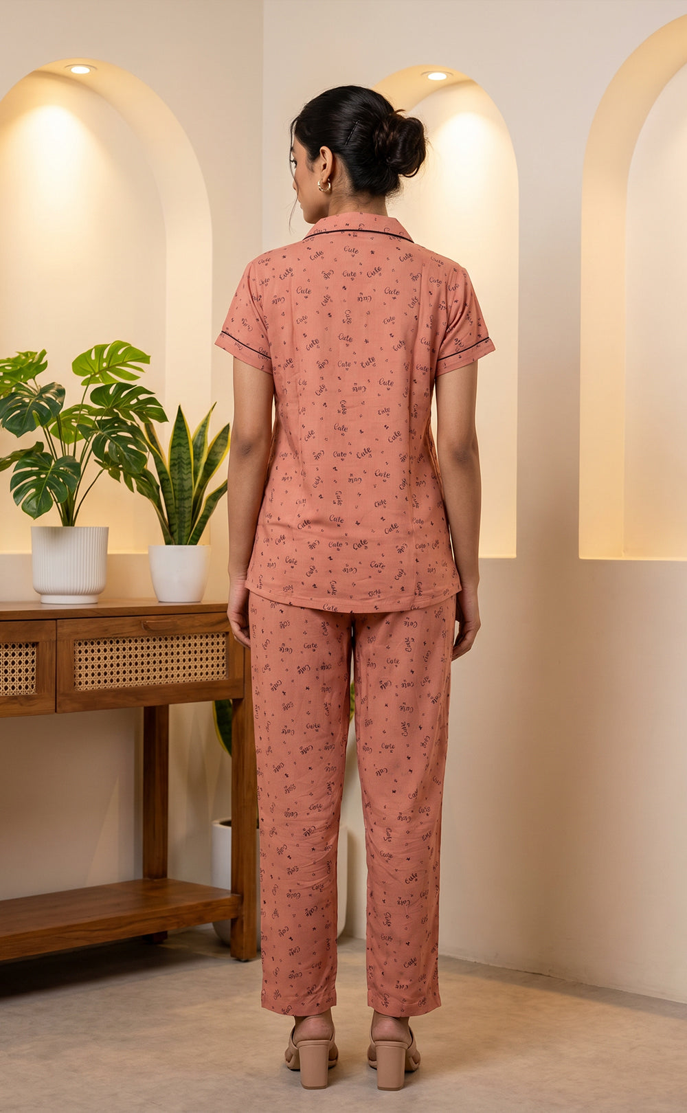 Peach Little Heart Printed Night Suit