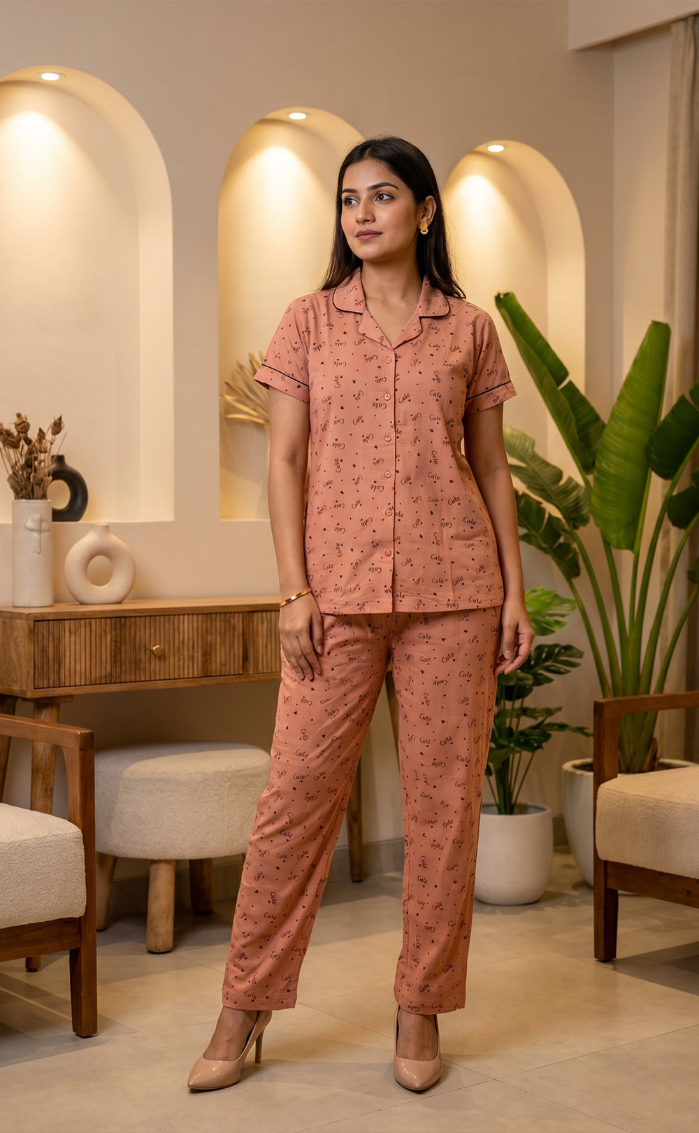 Peach Little Heart Printed Night Suit
