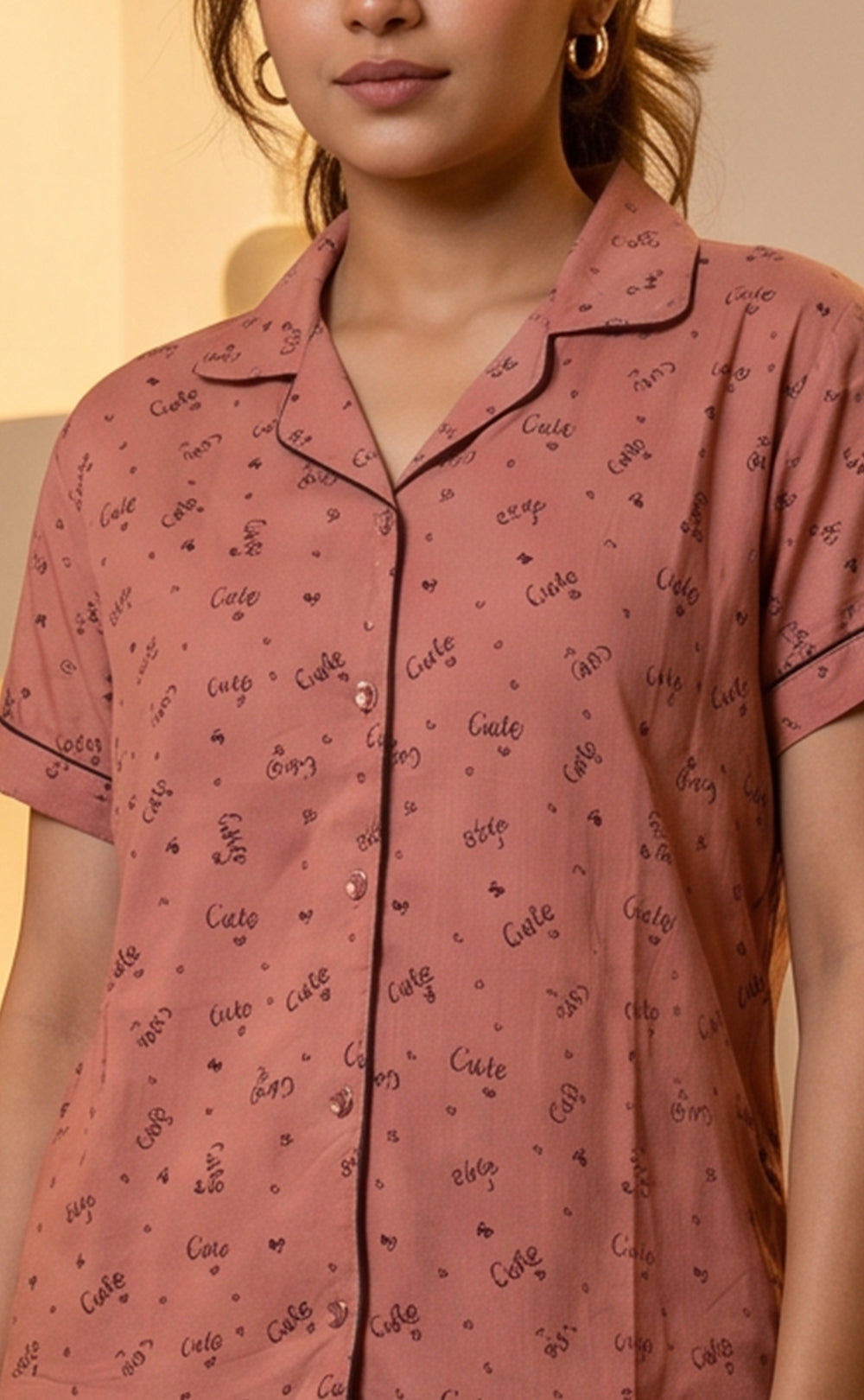 Peach Little Heart Printed Night Suit