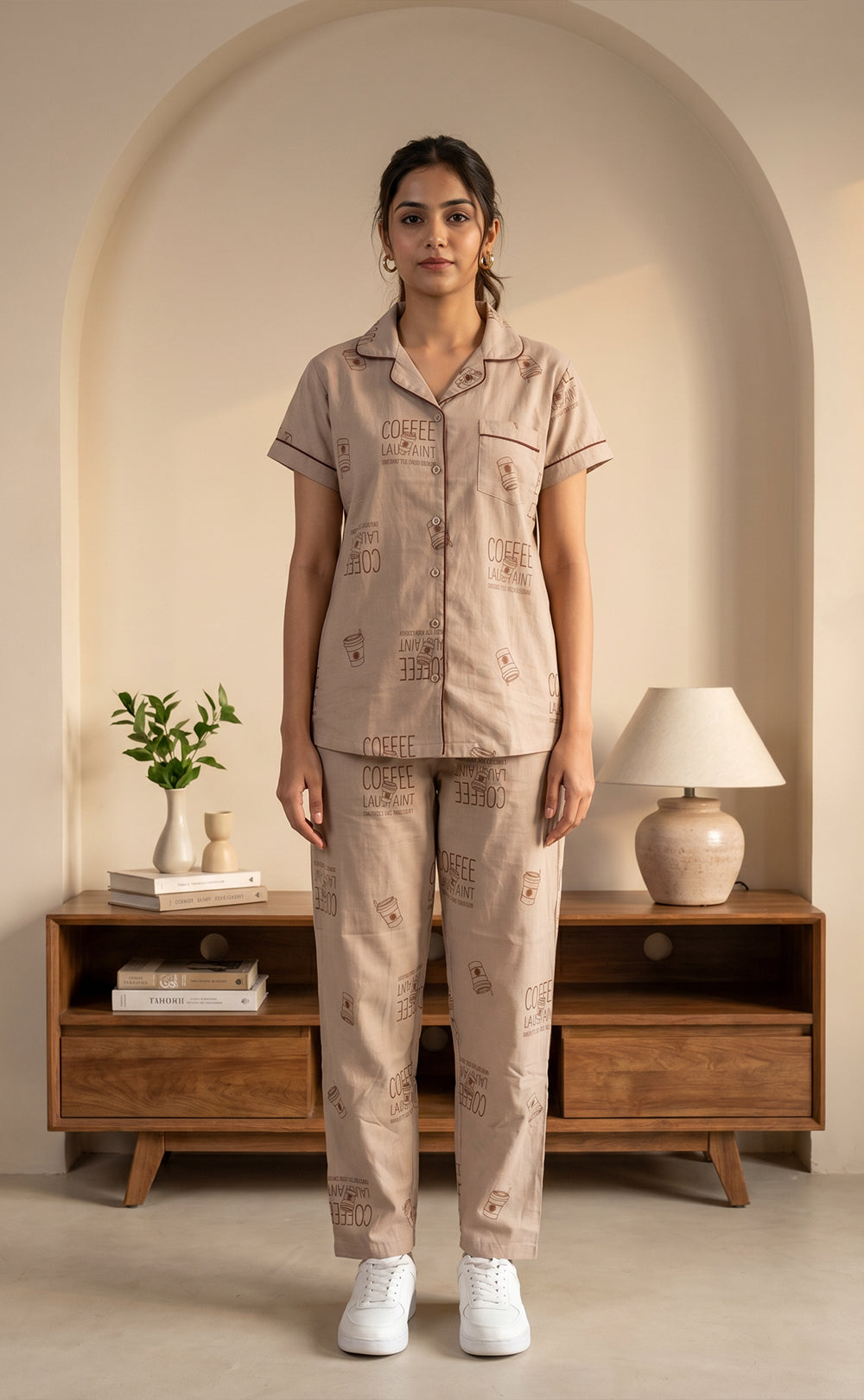 Coffee All-Over Text Printed Night Suit
