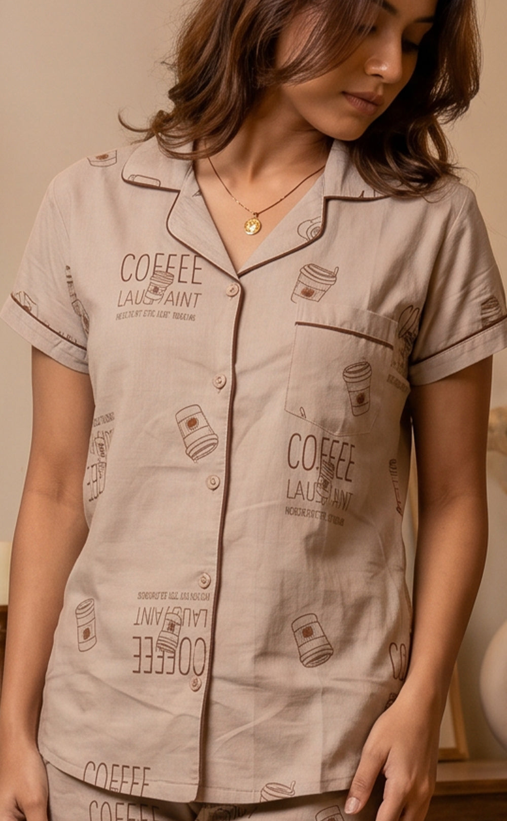 Coffee All-Over Text Printed Night Suit