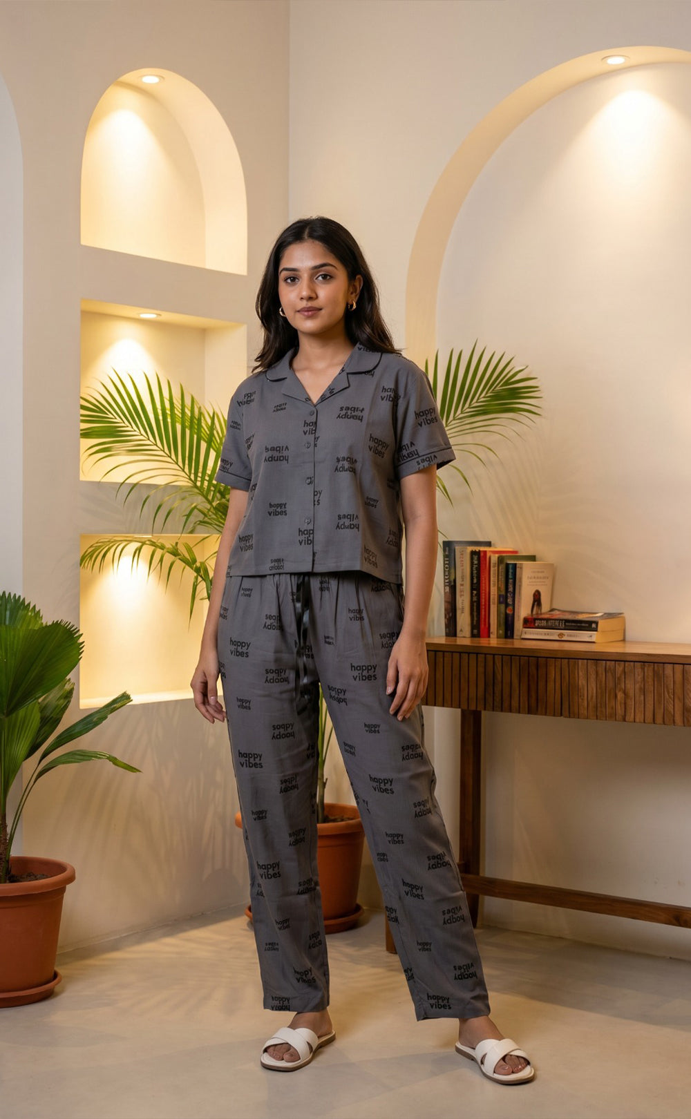 Dark Grey All-Over Text Printed Night Suit