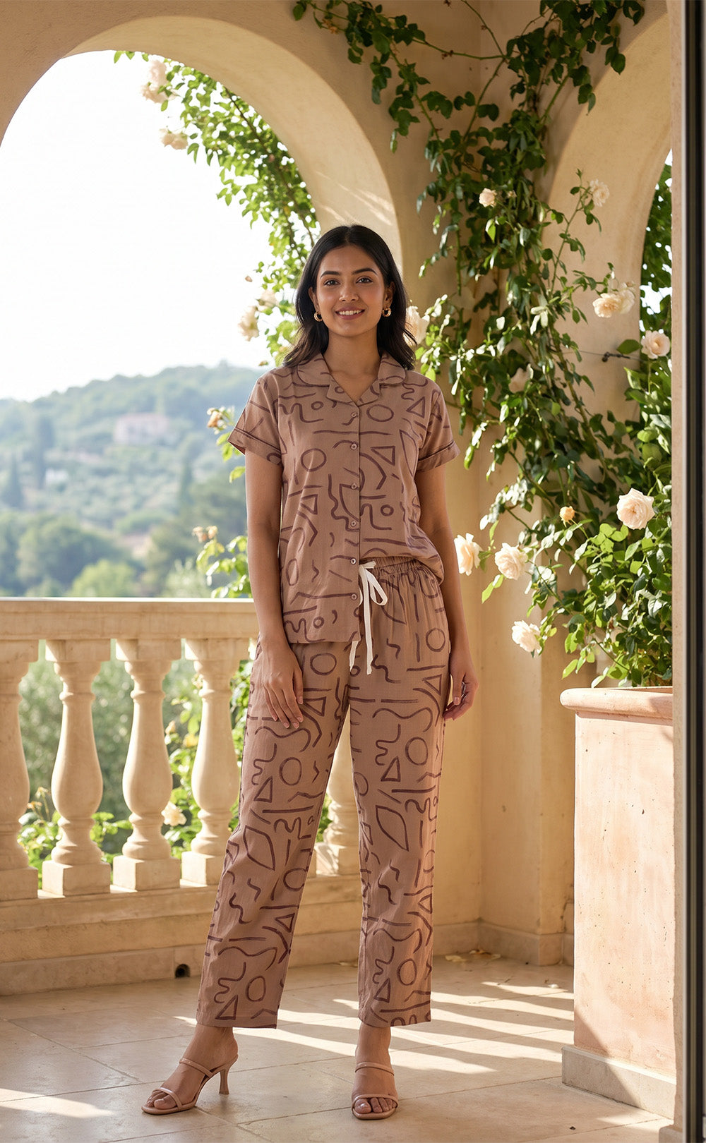 Coffee Colour All-Over Abstract Printed Night Suit
