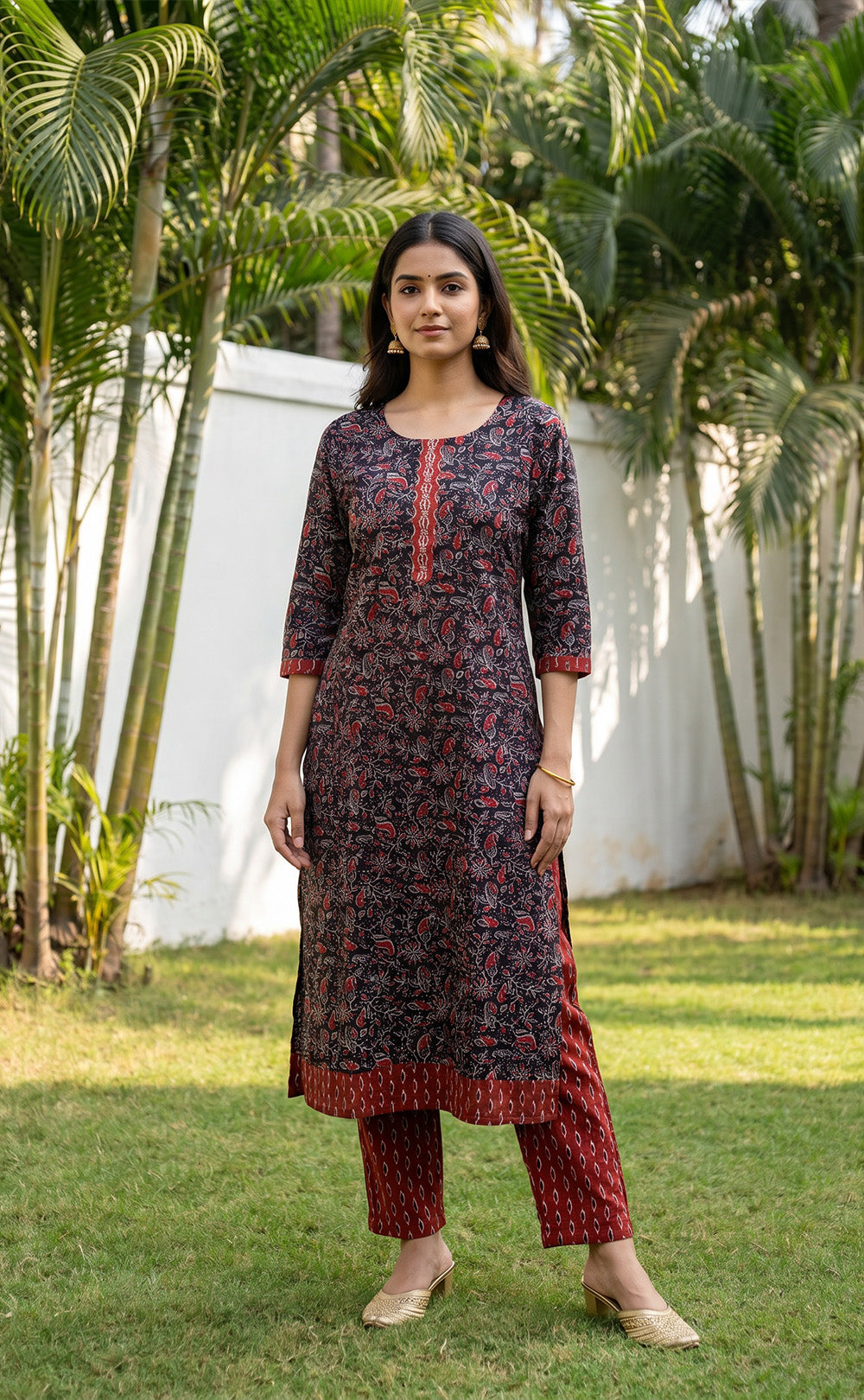 Black And Marron Cotton All-Over Printed Patiyala Set