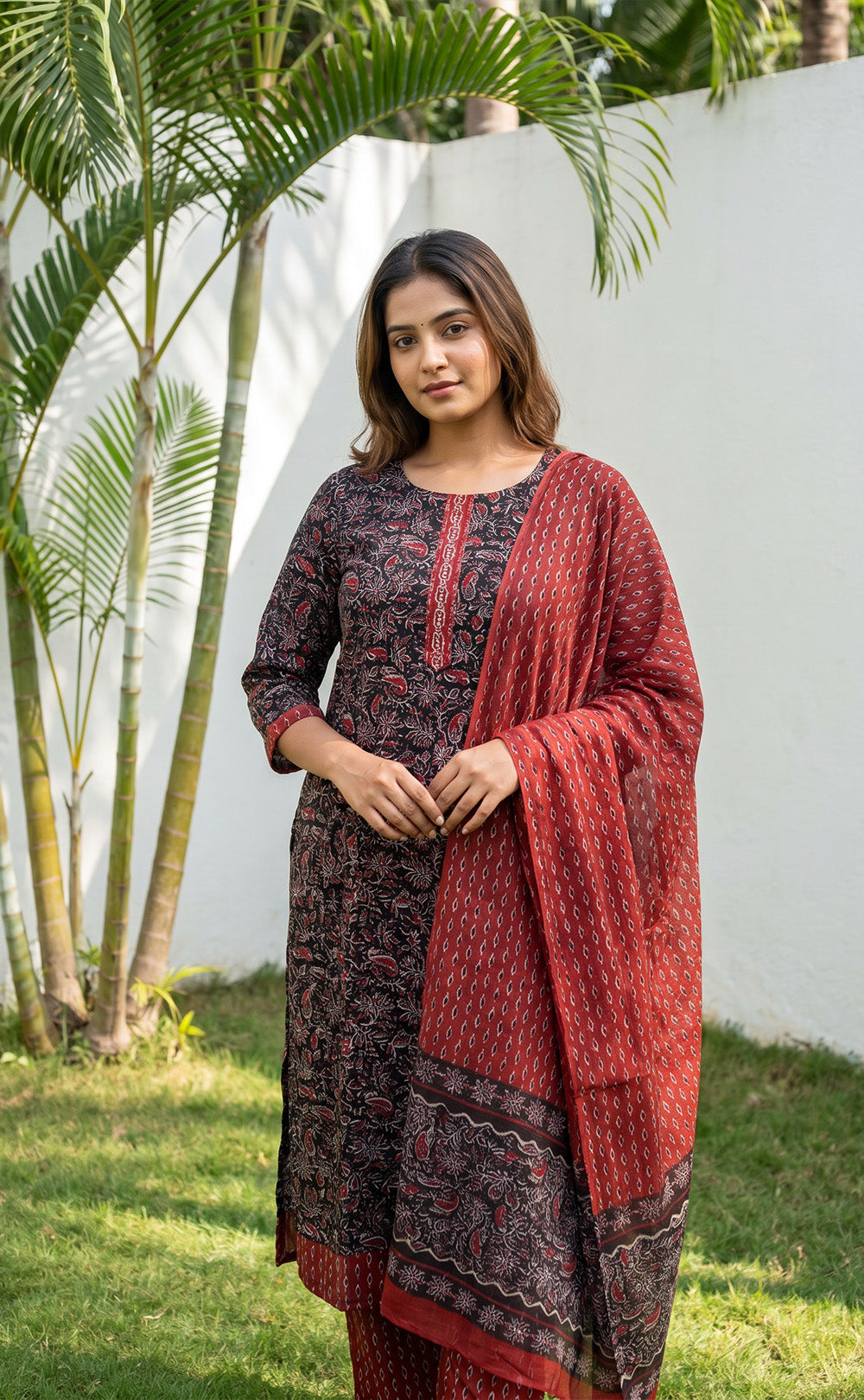 Black And Marron Cotton All-Over Printed Patiyala Set