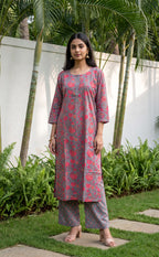 Grey And Pink Cotton All-Over Floral Printed Patiyala Set