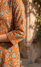 Warm Orange Cotton All-Over Floral Printed Patiyala Set