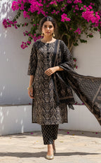 Black Cotton All-Over Floral Printed Patiyala Set