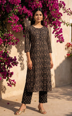 Black Cotton All-Over Floral Printed Patiyala Set