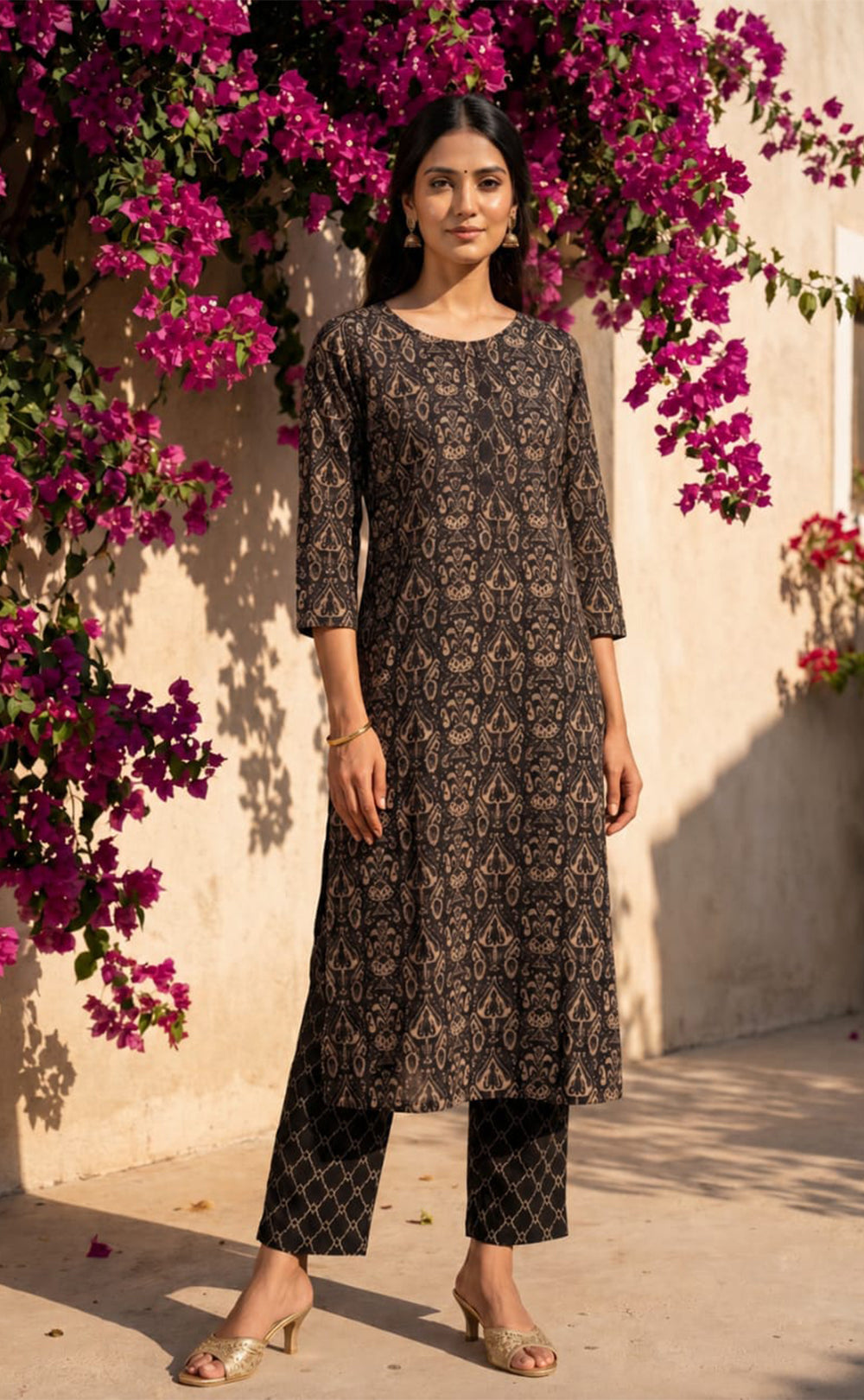 Black Cotton All-Over Floral Printed Patiyala Set