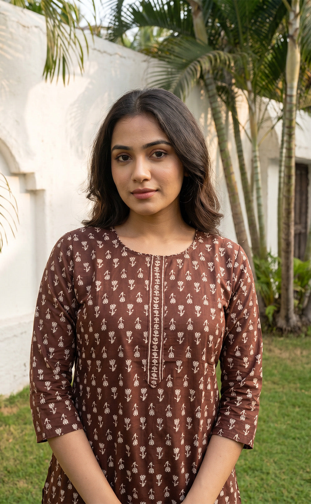 Brown Cotton All-Over Floral Printed Patiyala Set